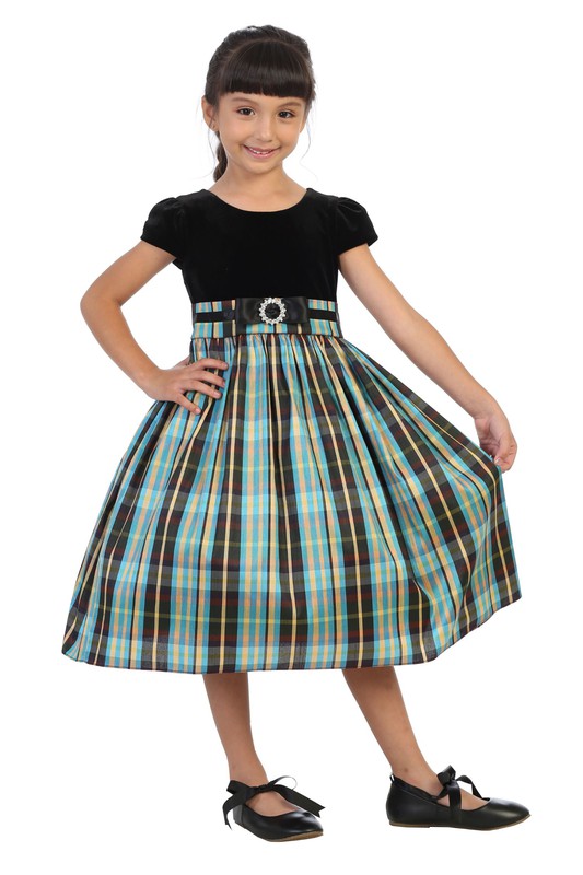 Velvet Sleeve Plaid Plus Size Girl Dress