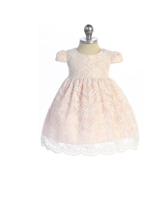 Blush & Ivory-Blush Lace V Back Bow Baby Dress