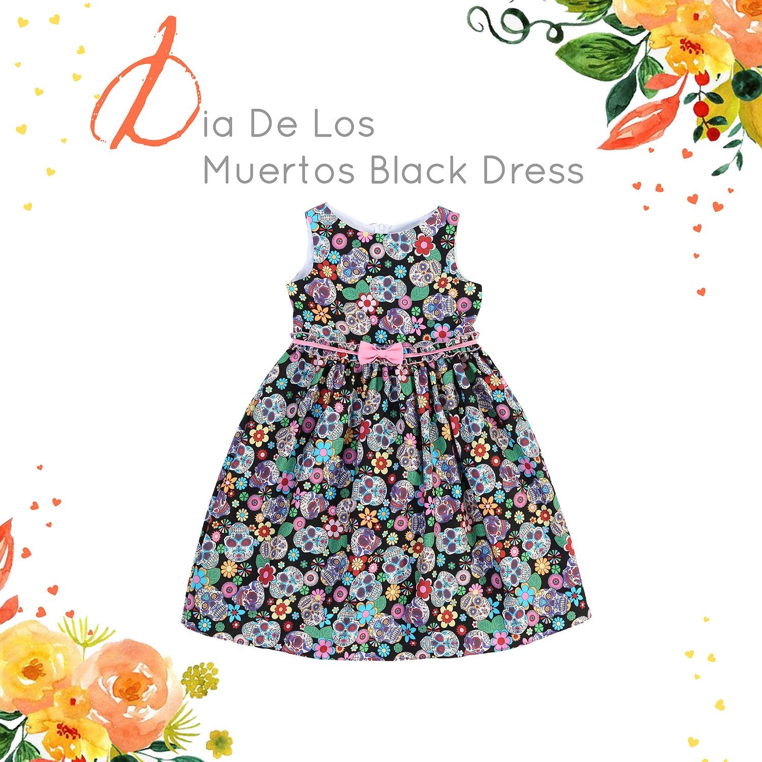 Dress - Black Dia De Los Muertos Print Cotton Dress With Bow