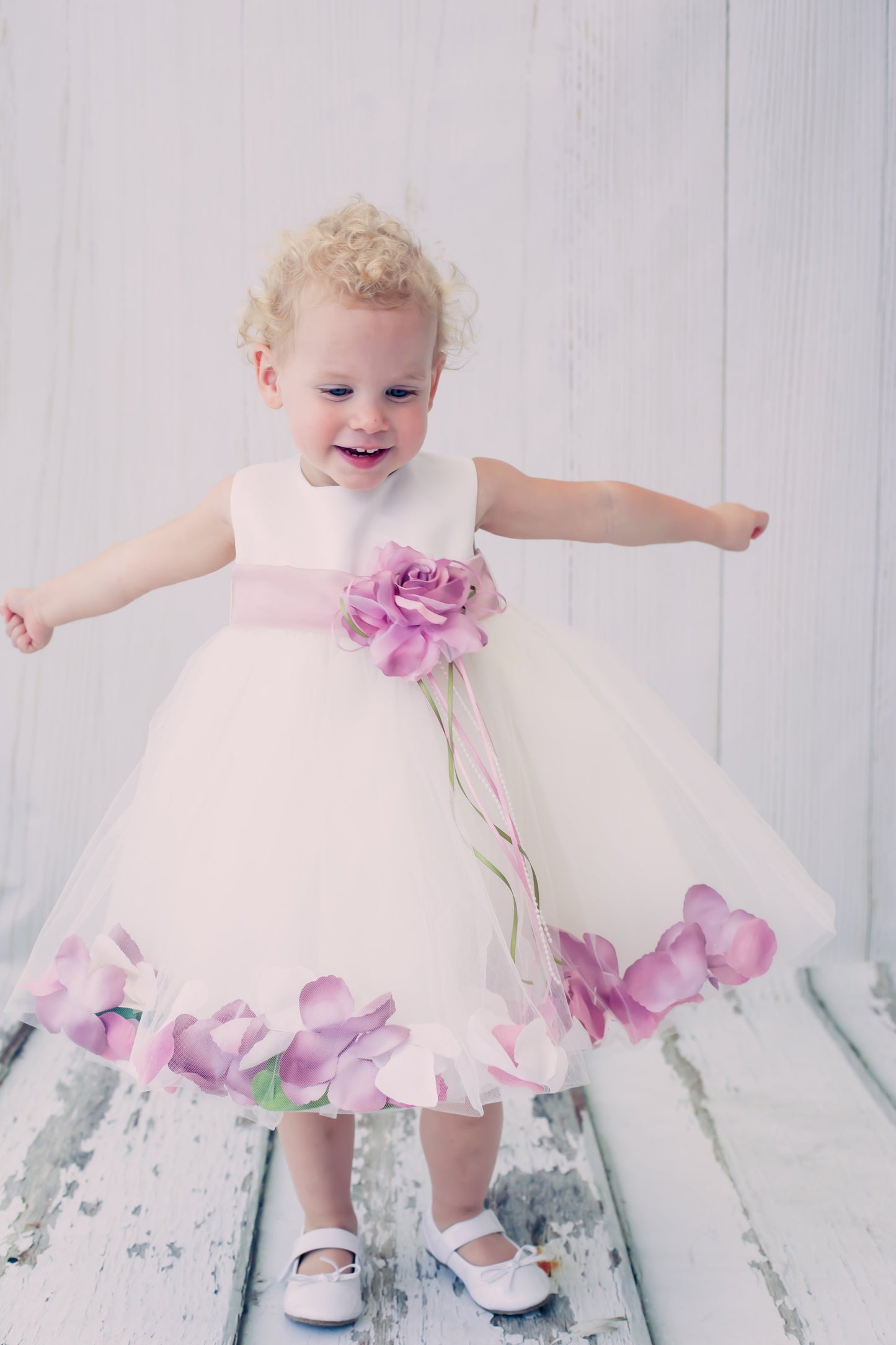 Dress - Satin Flower Petal Baby Dress With Organza Sash (White Dress)