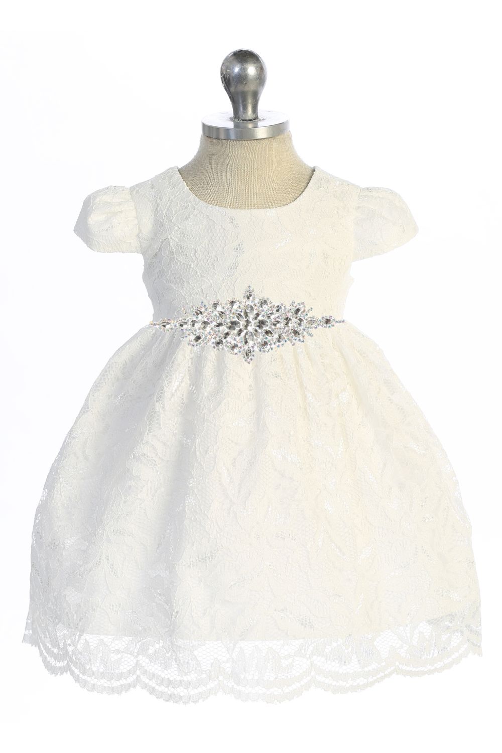 Lace V Back Bow Baby Dress w/ Diamond Shape Rhinestone Trim